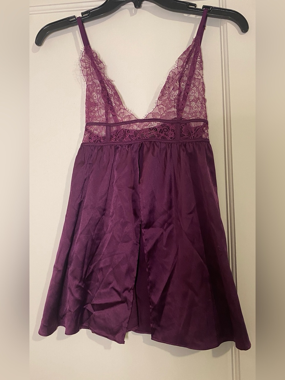 Plum Lace-Trim Satin Chemise